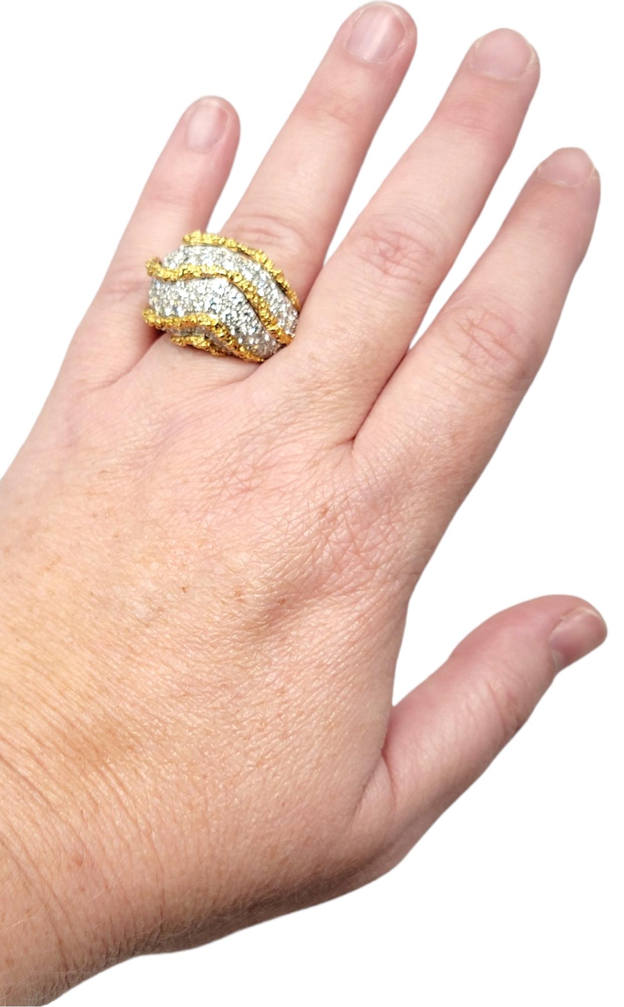 Round Pave Diamond 18 Karat Yellow Gold Raised Chunky Wave Style Dome Ring For Sale 4