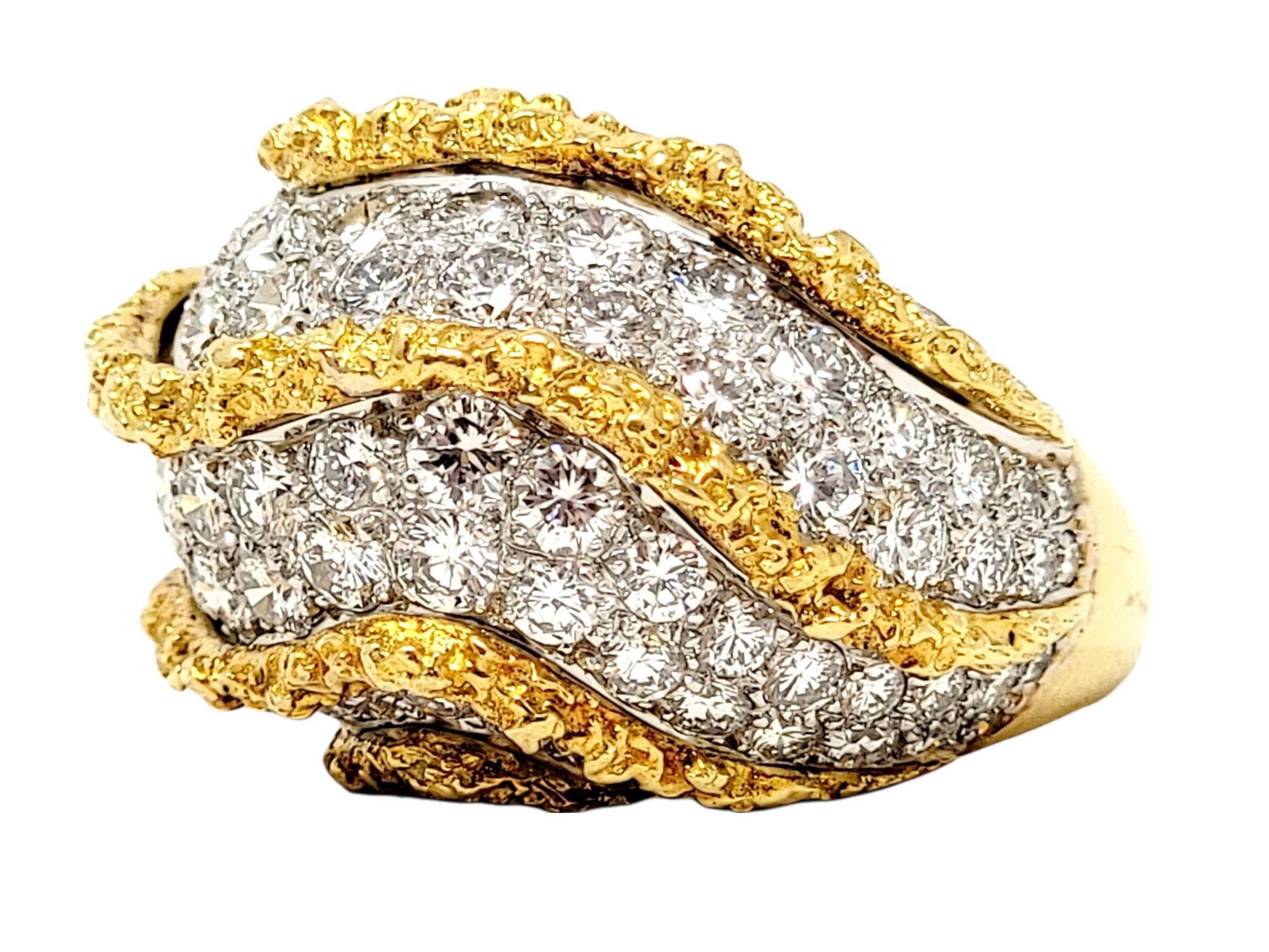 Contemporary Round Pave Diamond 18 Karat Yellow Gold Raised Chunky Wave Style Dome Ring For Sale