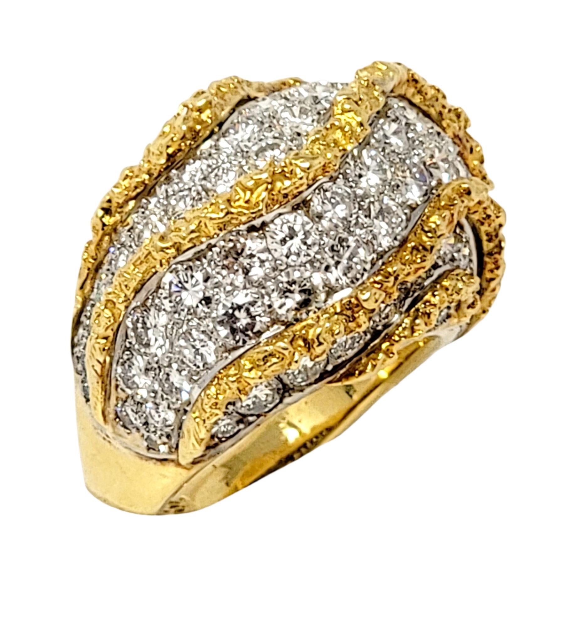 Round Cut Round Pave Diamond 18 Karat Yellow Gold Raised Chunky Wave Style Dome Ring For Sale
