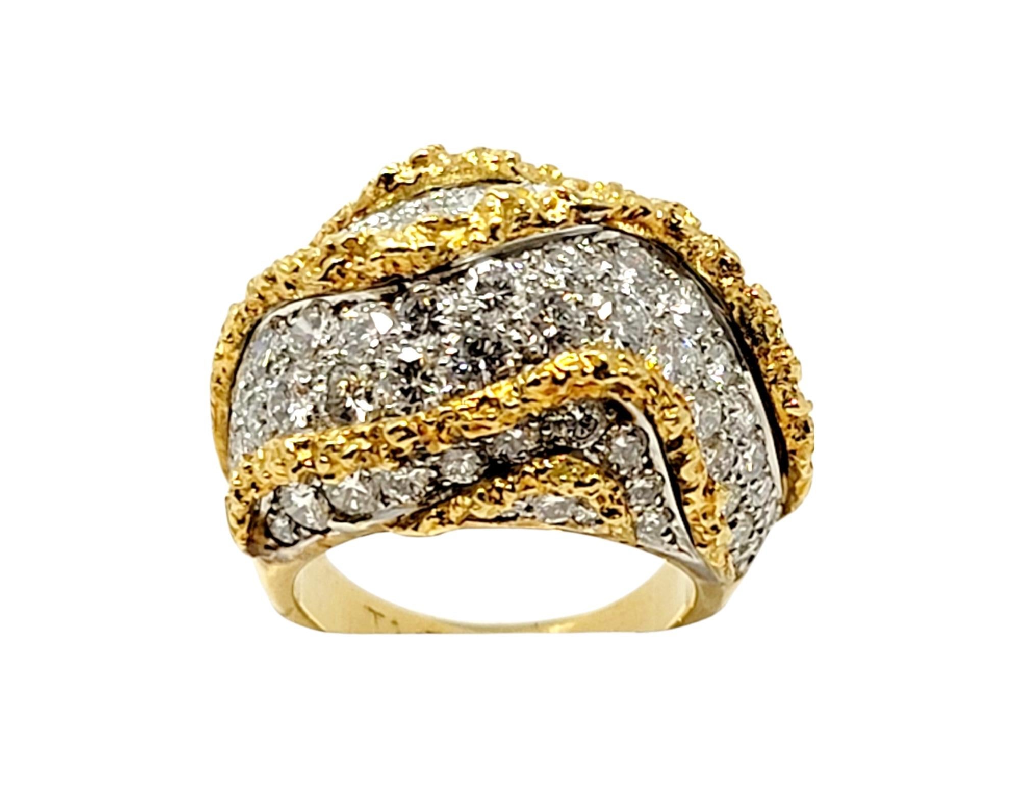 Women's Round Pave Diamond 18 Karat Yellow Gold Raised Chunky Wave Style Dome Ring For Sale
