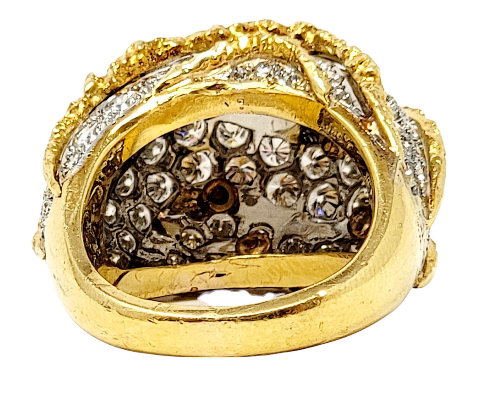 Round Pave Diamond 18 Karat Yellow Gold Raised Chunky Wave Style Dome Ring For Sale 1