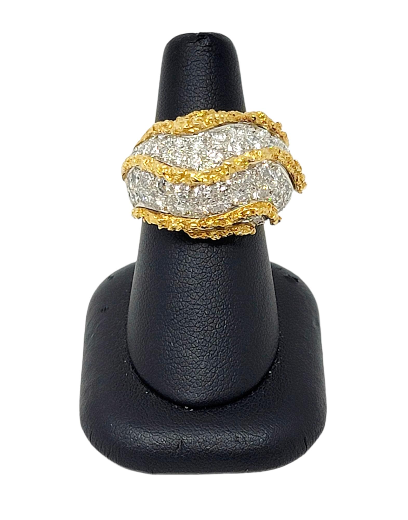 Round Pave Diamond 18 Karat Yellow Gold Raised Chunky Wave Style Dome Ring For Sale 2