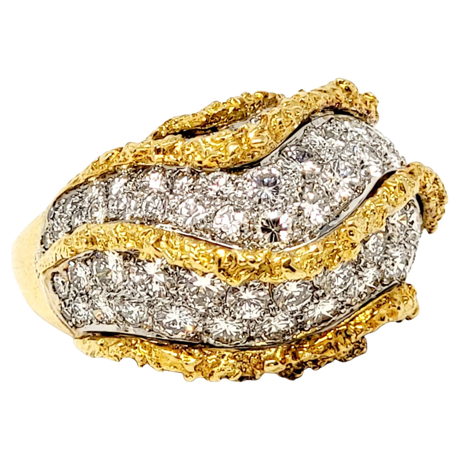 Round Pave Diamond 18 Karat Yellow Gold Raised Chunky Wave Style Dome Ring For Sale