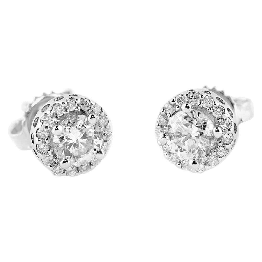 4Prong Setting Pave Diamond Round Stud Earring Pair 14K Gold 1.01 ct