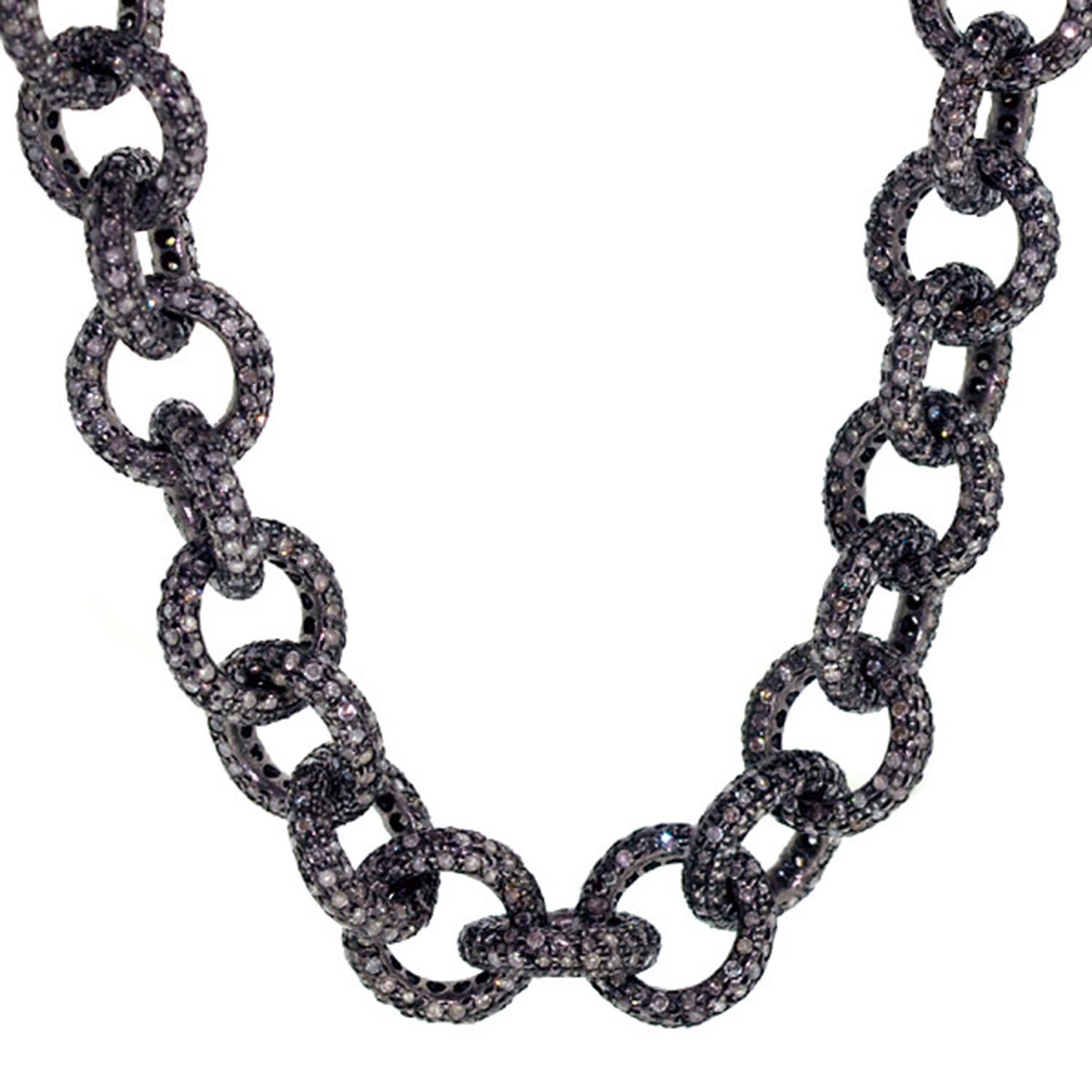 Donna Collana A Link con diamanti rotondi e pavé in oro bianco 14 carati in vendita