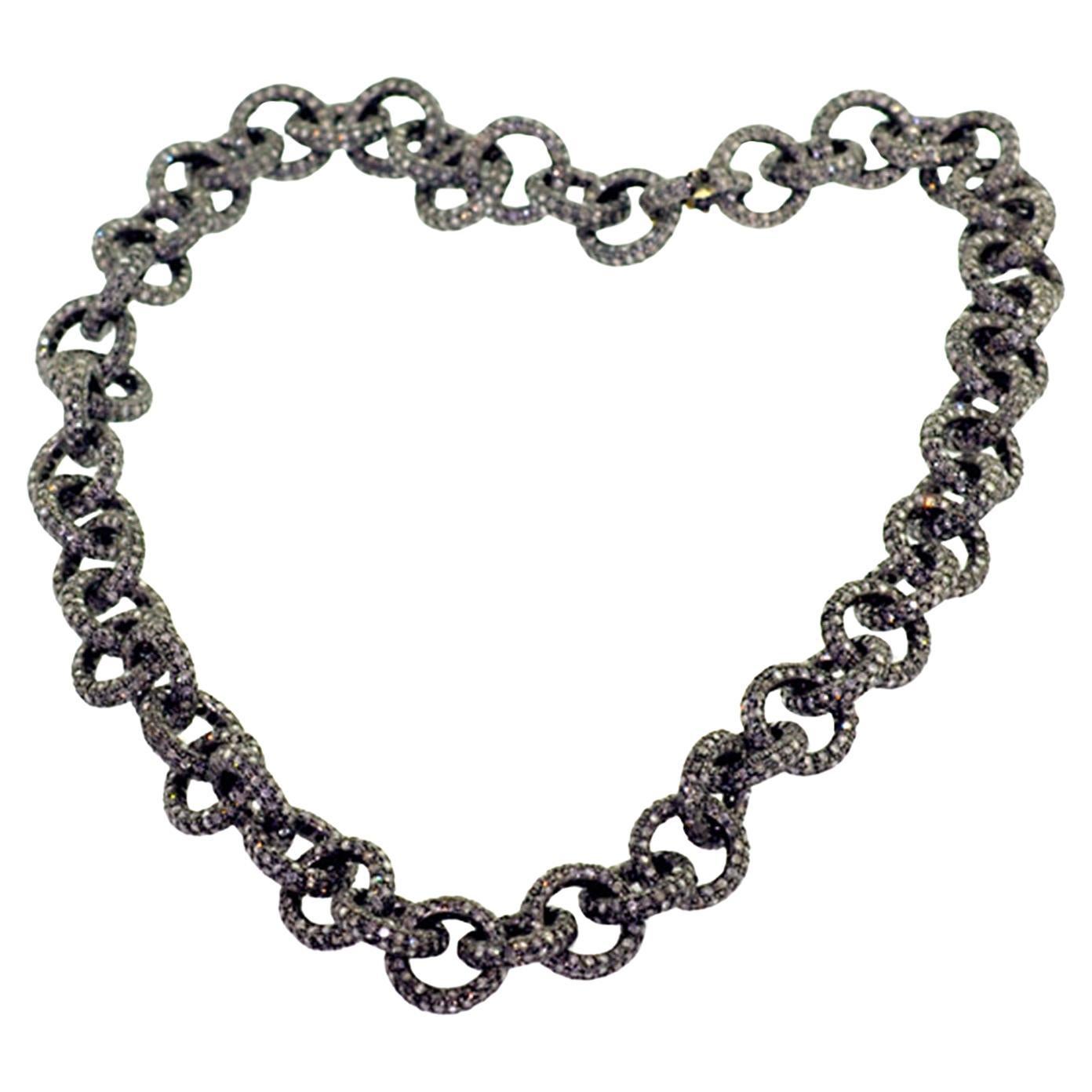 Round Pave Diamond Link Necklace Made In 14k White Gold For Sale