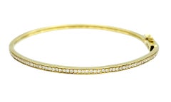 Round Pave Diamond Narrow Hinged Stacking Bangle Bracelet 18 Karat Yellow Gold