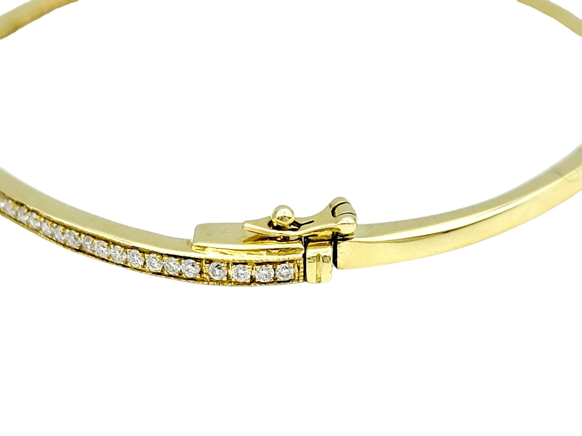 Women's Round Pave Diamond Narrow Hinged Stacking Bangle Bracelet 18 Karat Yellow Gold For Sale