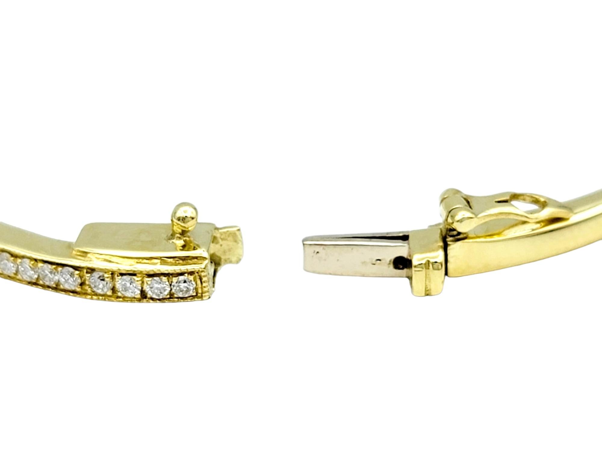 Round Pave Diamond Narrow Hinged Stacking Bangle Bracelet 18 Karat Yellow Gold For Sale 1
