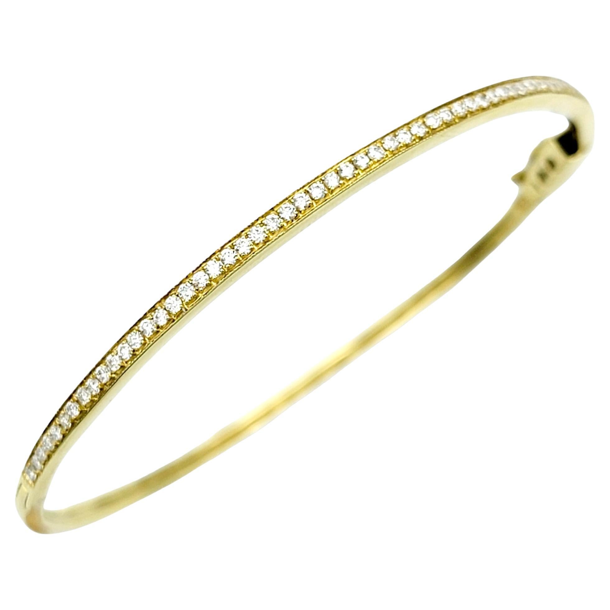 Round Pave Diamond Narrow Hinged Stacking Bangle Bracelet 18 Karat Yellow Gold For Sale