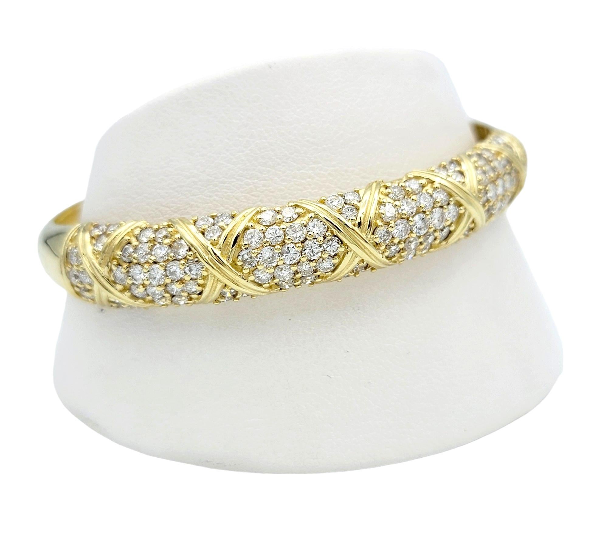 Round Pavé Diamond 'X' Motif Bangle Bracelet in Polished 14 Karat Yellow Gold For Sale 4