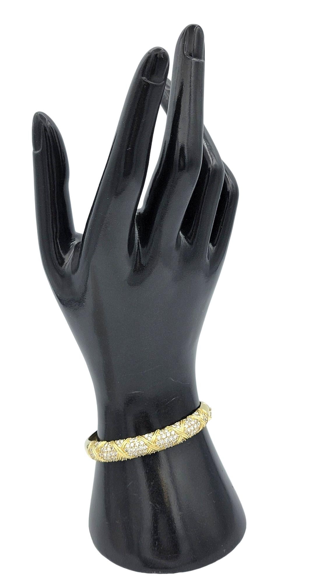 Round Pavé Diamond 'X' Motif Bangle Bracelet in Polished 14 Karat Yellow Gold For Sale 5