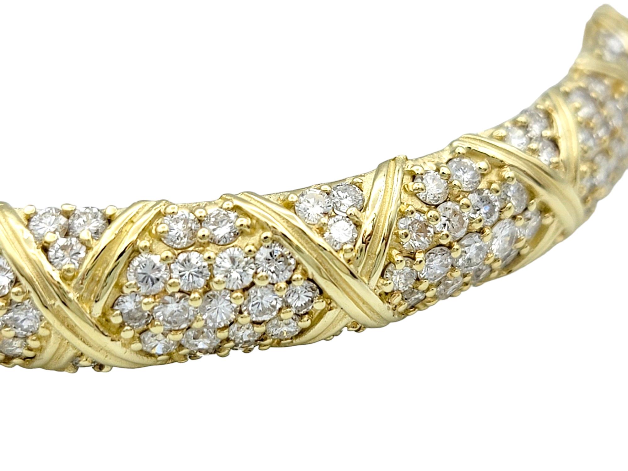 Contemporary Round Pavé Diamond 'X' Motif Bangle Bracelet in Polished 14 Karat Yellow Gold For Sale
