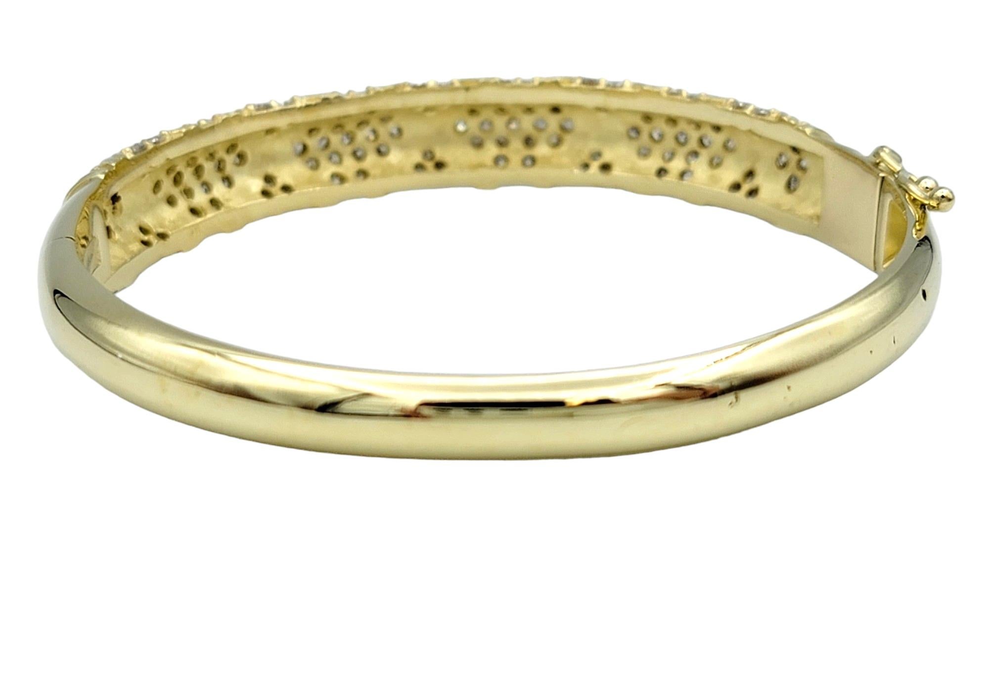 Round Cut Round Pavé Diamond 'X' Motif Bangle Bracelet in Polished 14 Karat Yellow Gold For Sale