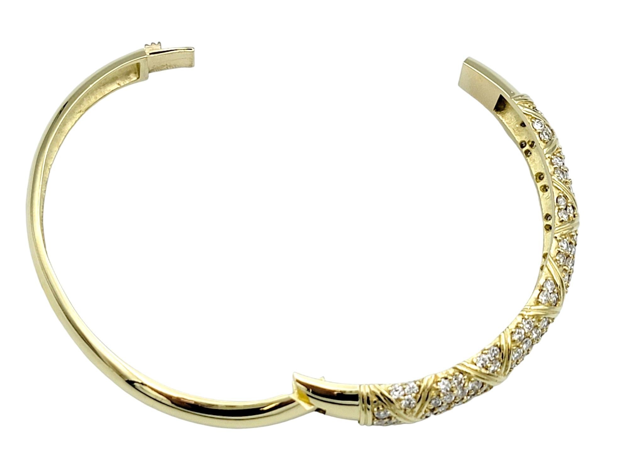 Round Pavé Diamond 'X' Motif Bangle Bracelet in Polished 14 Karat Yellow Gold For Sale 1