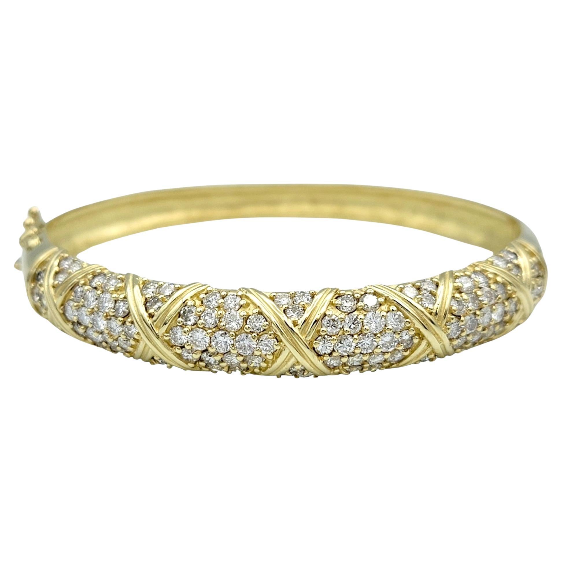 Round Pavé Diamond 'X' Motif Bangle Bracelet in Polished 14 Karat Yellow Gold For Sale