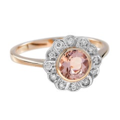Runder Pfirsich-Orange-Morganit & Diamant-Ring im Vintage-Stil mit floralem Halo aus Roségold