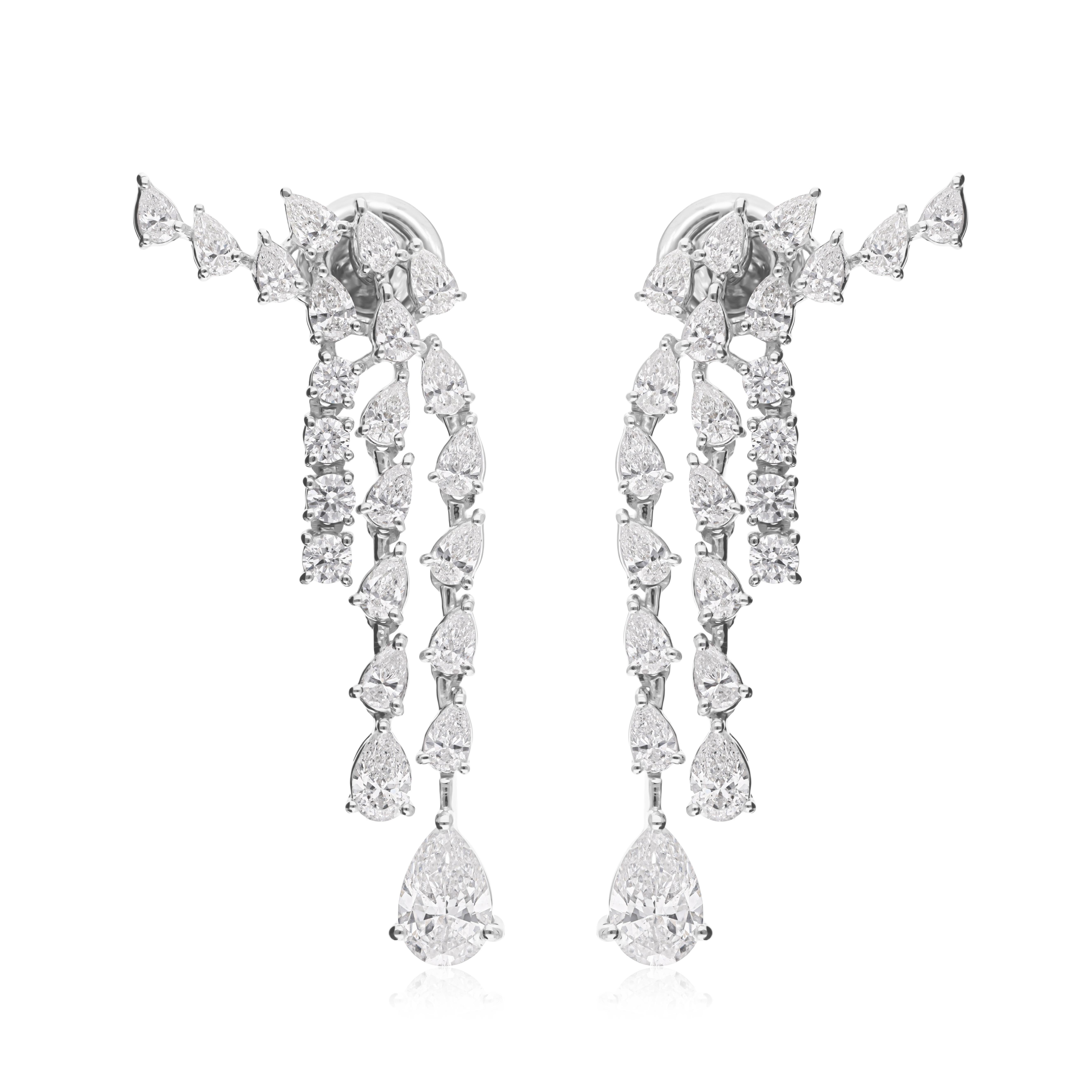 Runder Birnenschliff SI/H 3,39Kt Diamant Ohrclimber Tropfenohrringe 14 Karat Weißgold Damen im Angebot