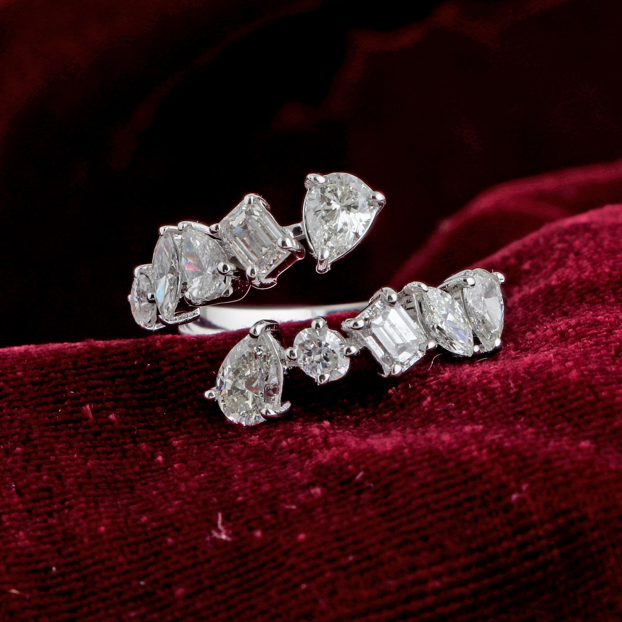 Modern Round Pear & Emerald Cut Diamond Wrap Ring 14 Karat White Gold Handmade Jewelry For Sale