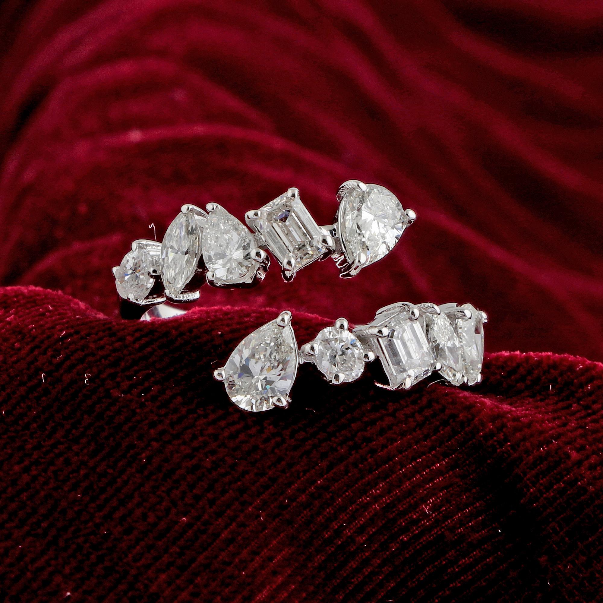 Women's Round Pear & Emerald Cut Diamond Wrap Ring 14 Karat White Gold Handmade Jewelry For Sale