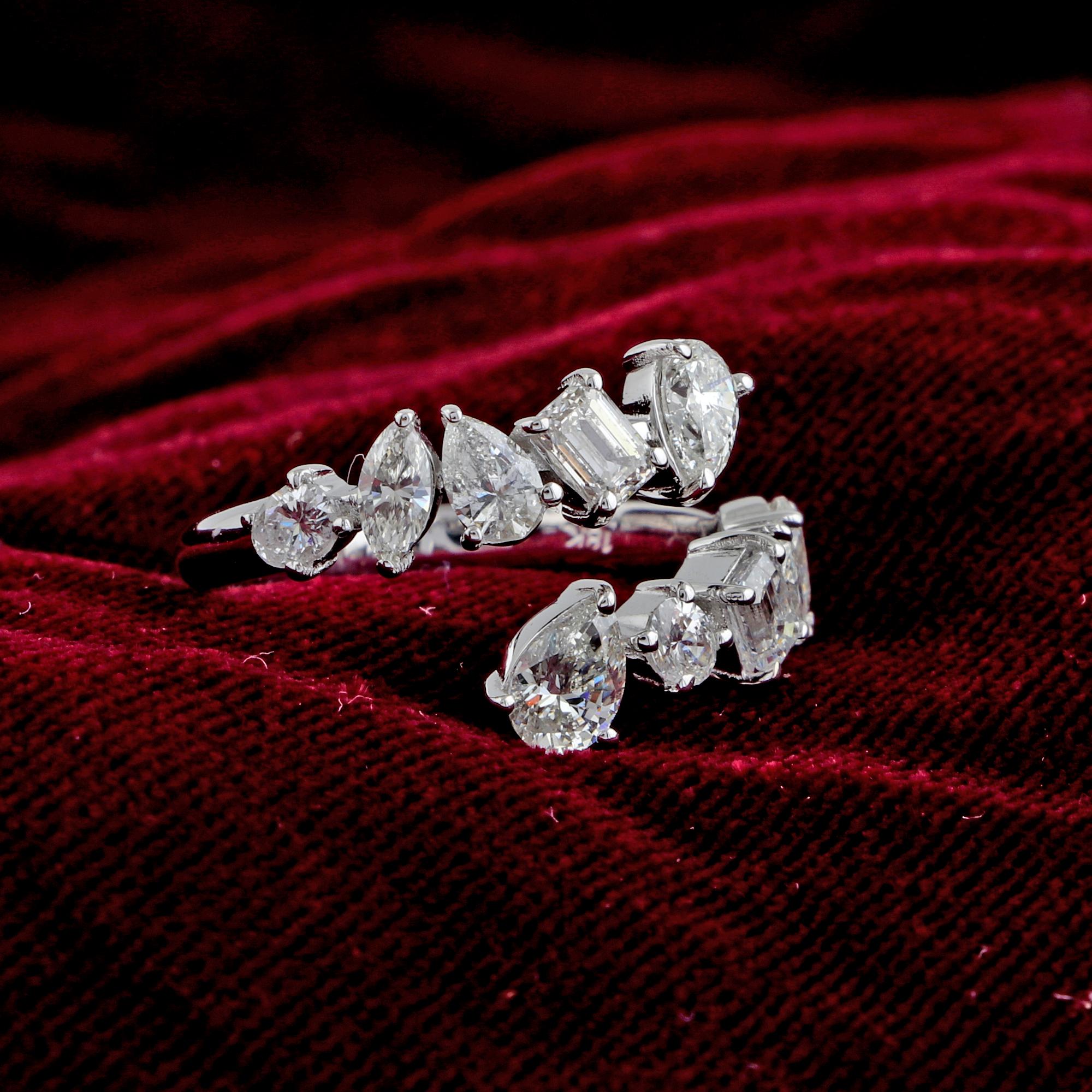 Round Pear & Emerald Cut Diamond Wrap Ring 14 Karat White Gold Handmade Jewelry For Sale 1