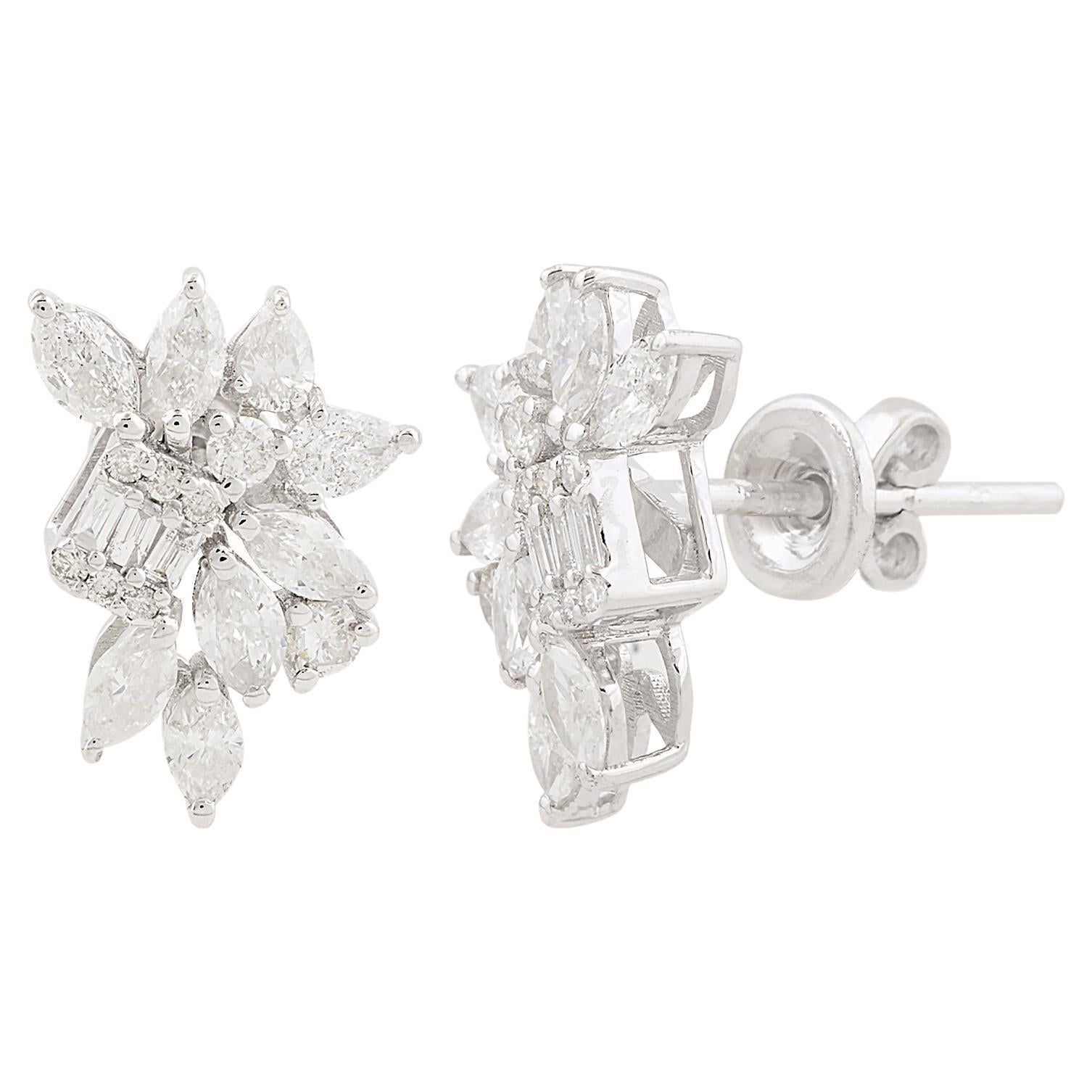 Round Pear Marquise & Baguette Diamond Stud Earrings 10 Karat White Gold Jewelry