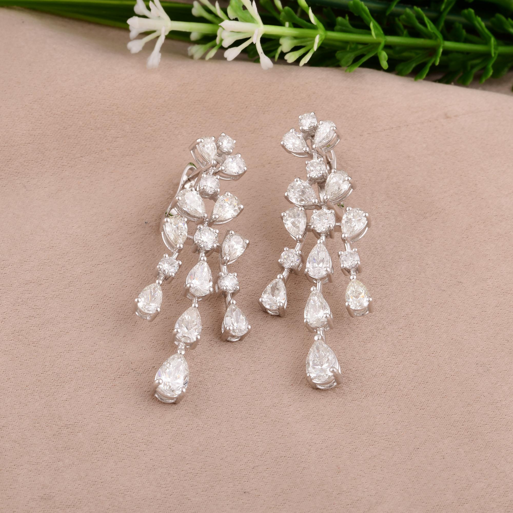 Pear Cut Round & Pear Shape Diamond Dangle Earrings 18 Karat White Gold Handmade Jewelry For Sale