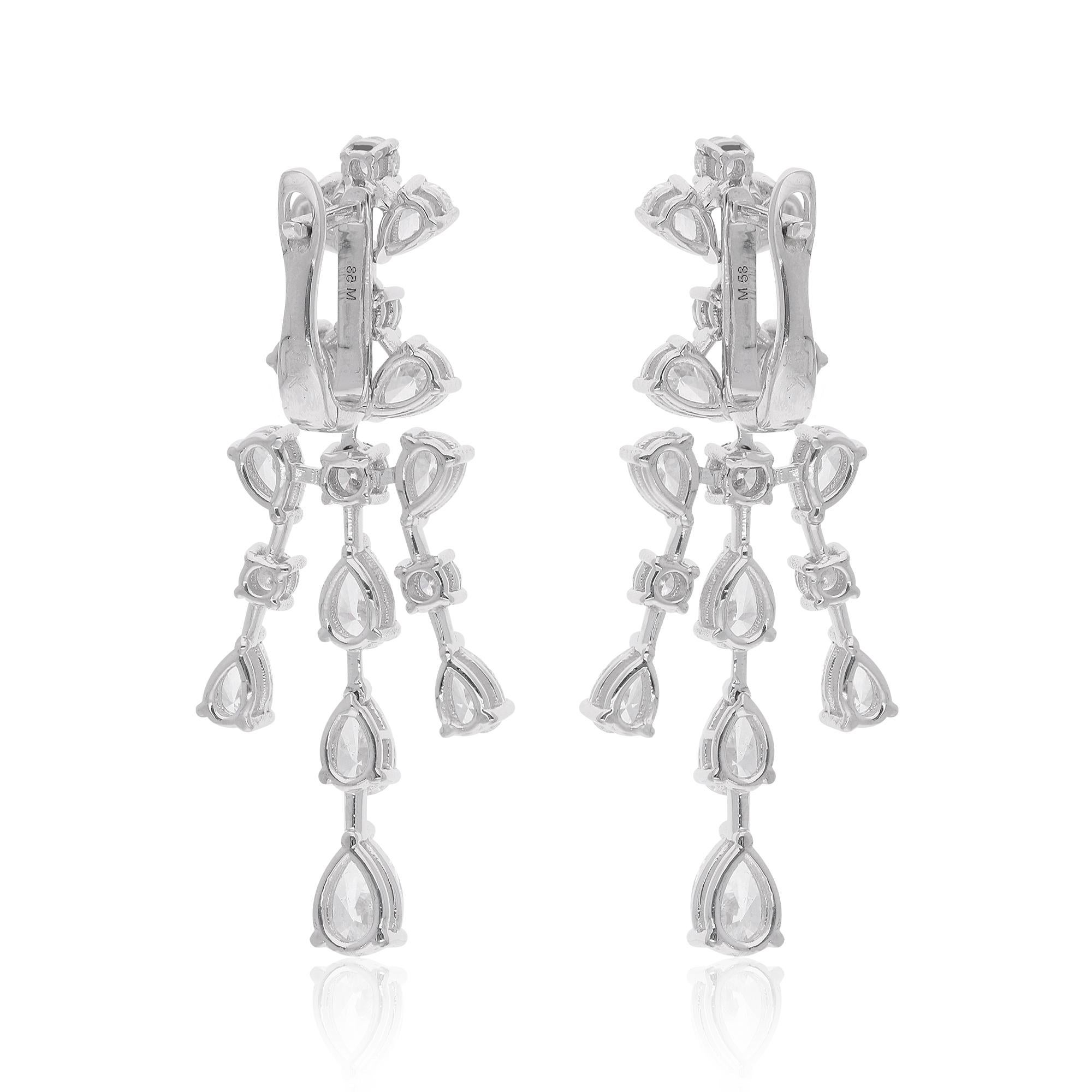 Women's Round & Pear Shape Diamond Dangle Earrings 18 Karat White Gold Handmade Jewelry For Sale