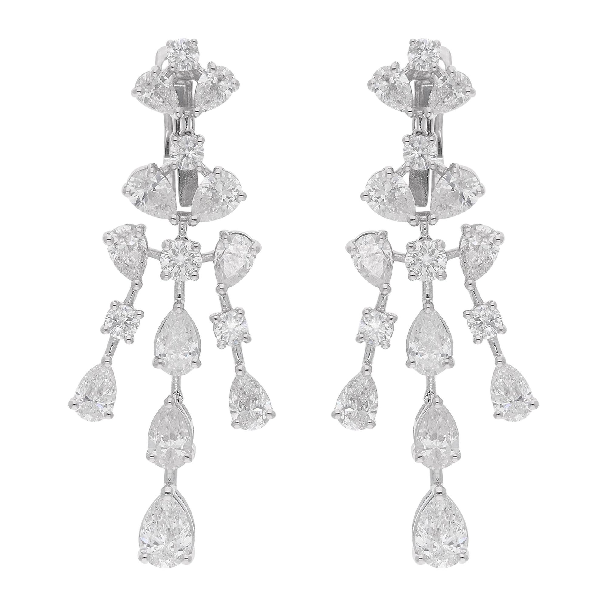 Round & Pear Shape Diamond Dangle Earrings 18 Karat White Gold Handmade Jewelry