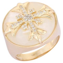 Bague de chevalière en or jaune 14K (ou 18k sur demande) à perles rondes et diamants