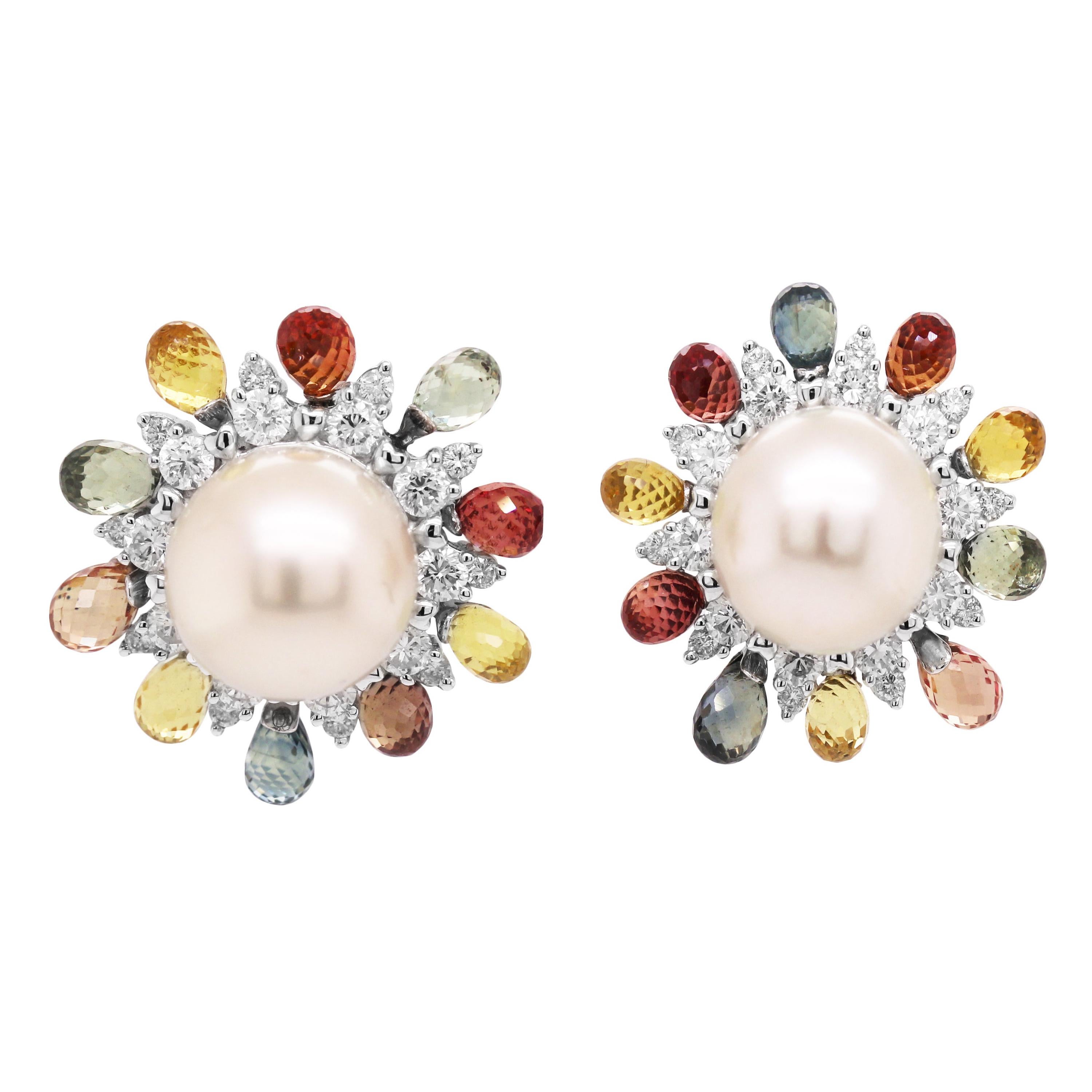Round Pearl Briolette Sapphires 18 Karat White Gold Stud Earrings