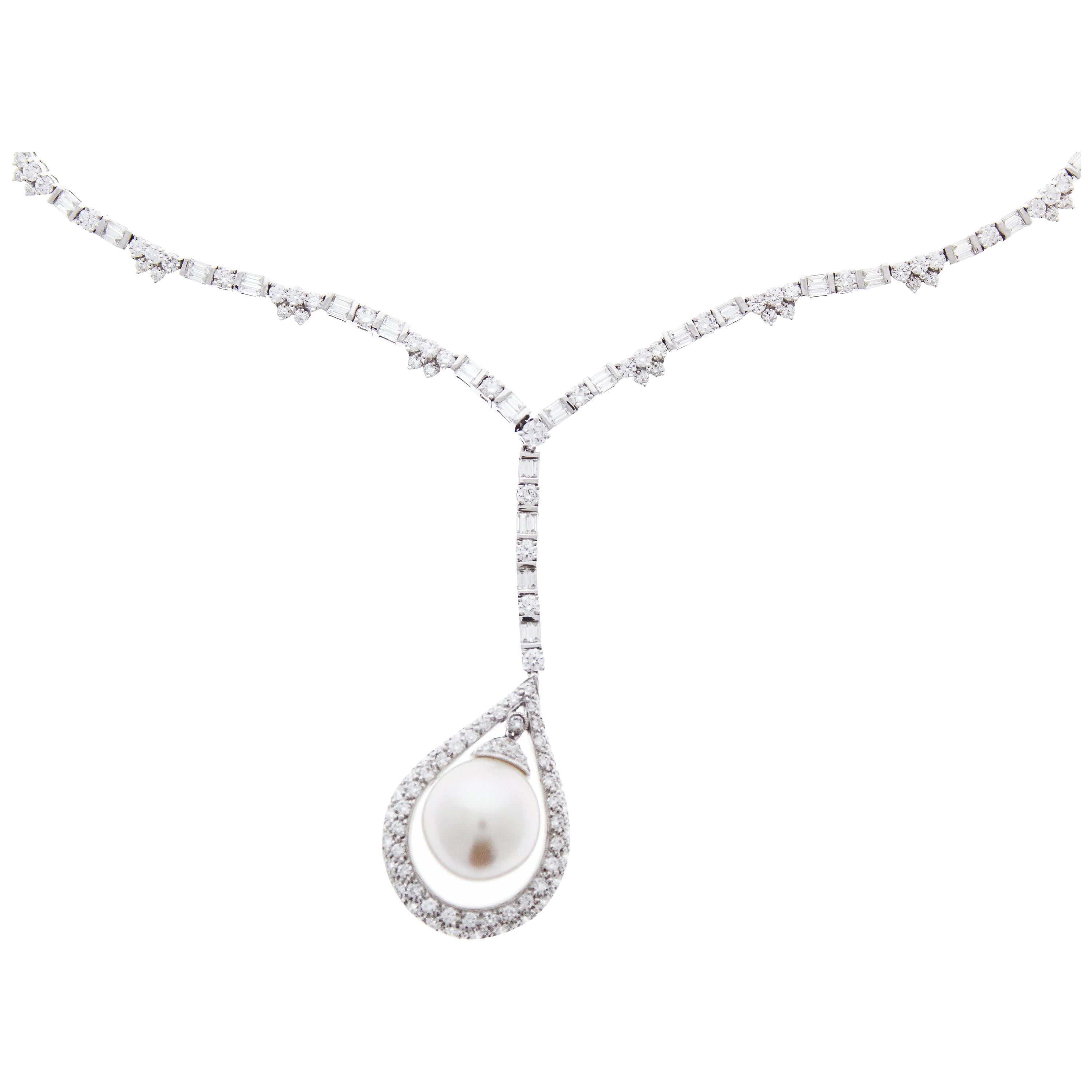 Round Pearl & Diamond Detachable Pendant 18K White Gold For Sale