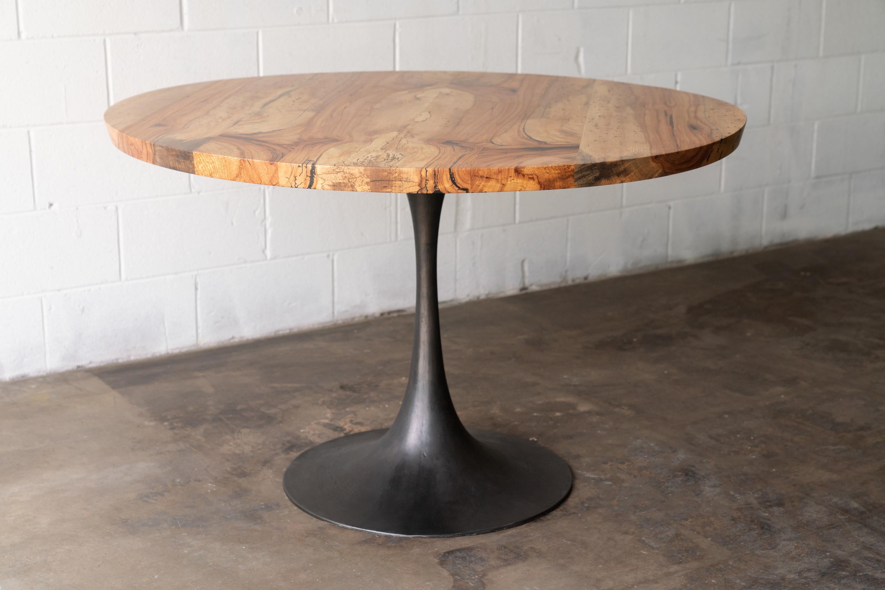 Round Pedestal Dining Table Solid Pecan Wood Top Cast Iron Amicalola Base In New Condition For Sale In Birmingham, AL