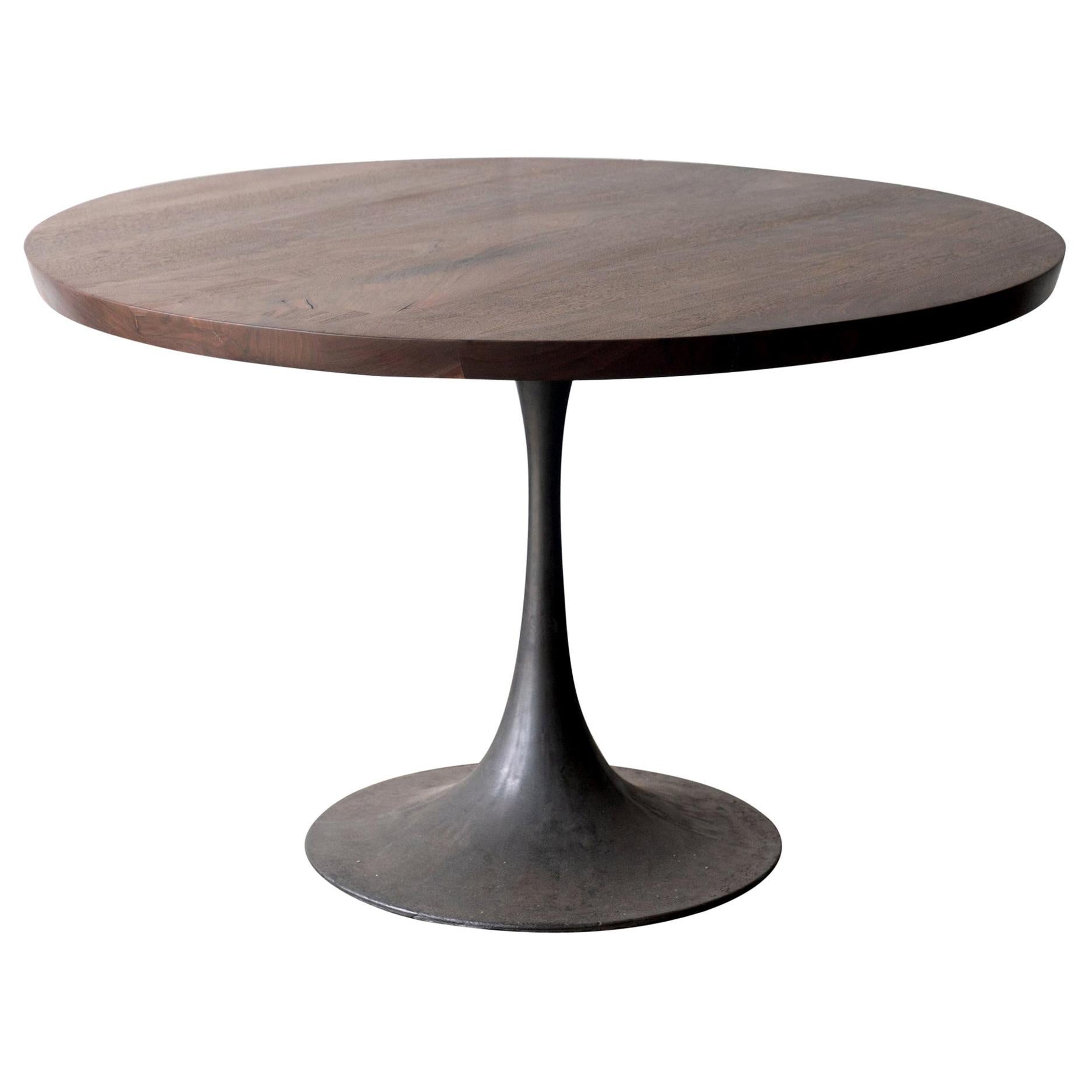 Round Pedestal Base Dining Table Solid Walnut Wood Cast Iron Amicalola Base For Sale