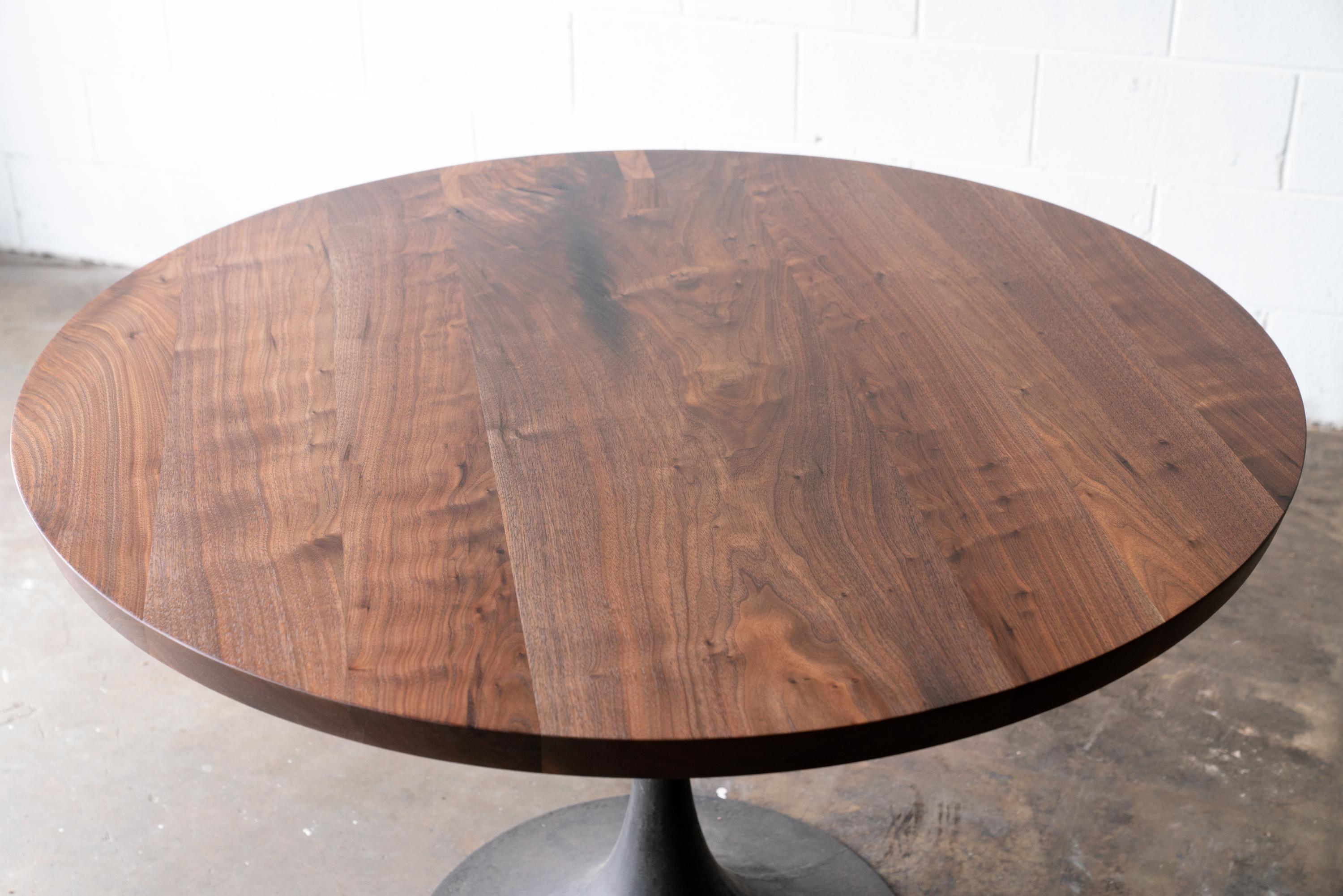 Round Pedestal Base Dining Table Solid Walnut Wood Cast Iron Amicalola Base In New Condition For Sale In Birmingham, AL