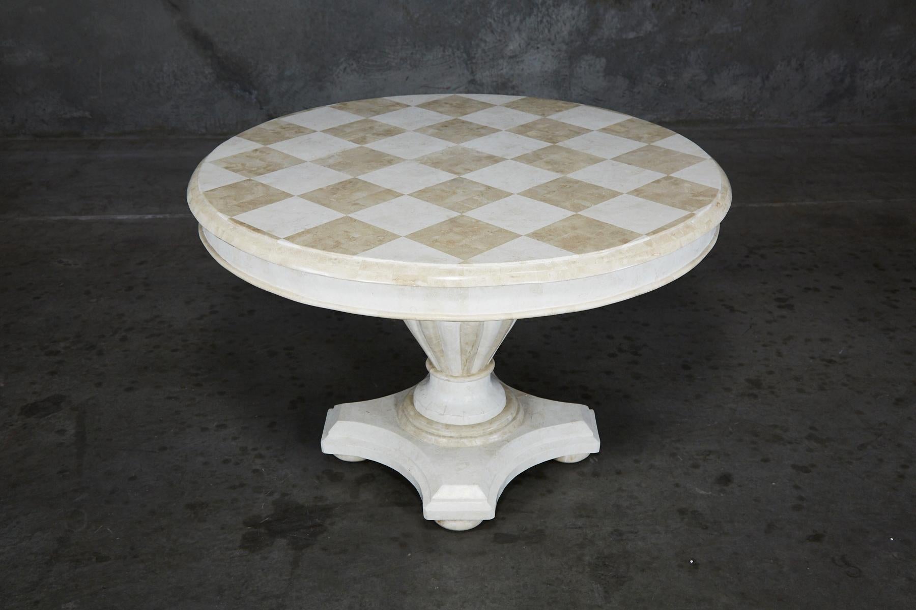 Post-Modern Round Pedestal Base Tessellated Stone Dining Table with Checkered Top, 1990s For Sale