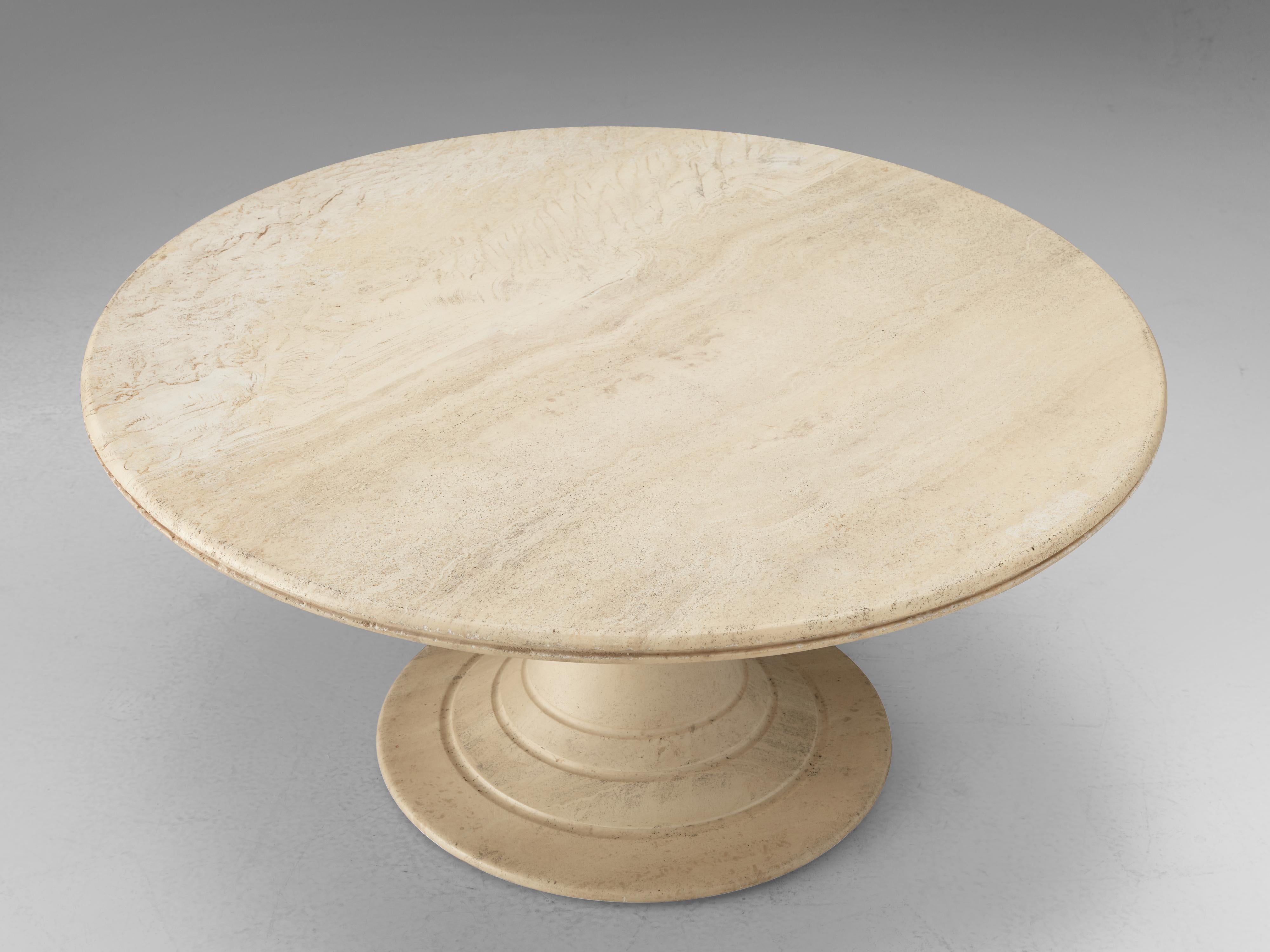 Mid-Century Modern Round Pedestal Coffee Table in Travertine For Sale