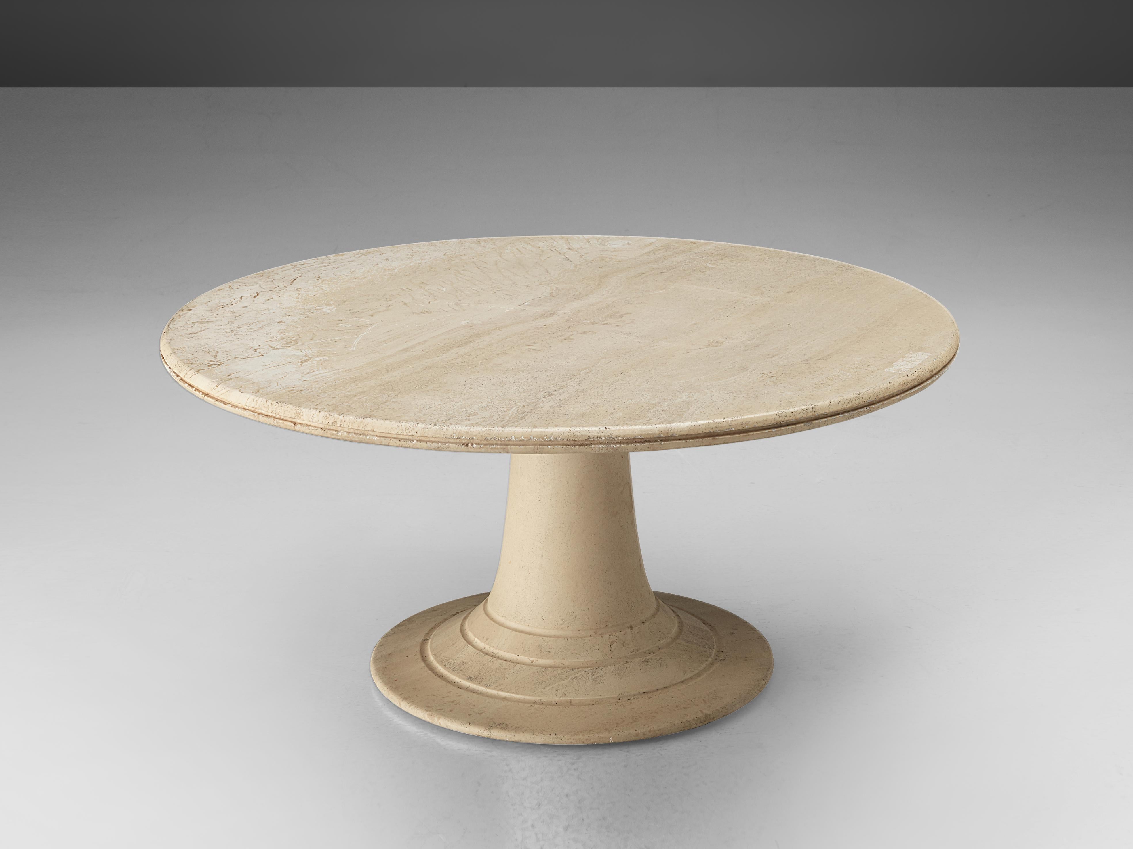 European Round Pedestal Coffee Table in Travertine For Sale