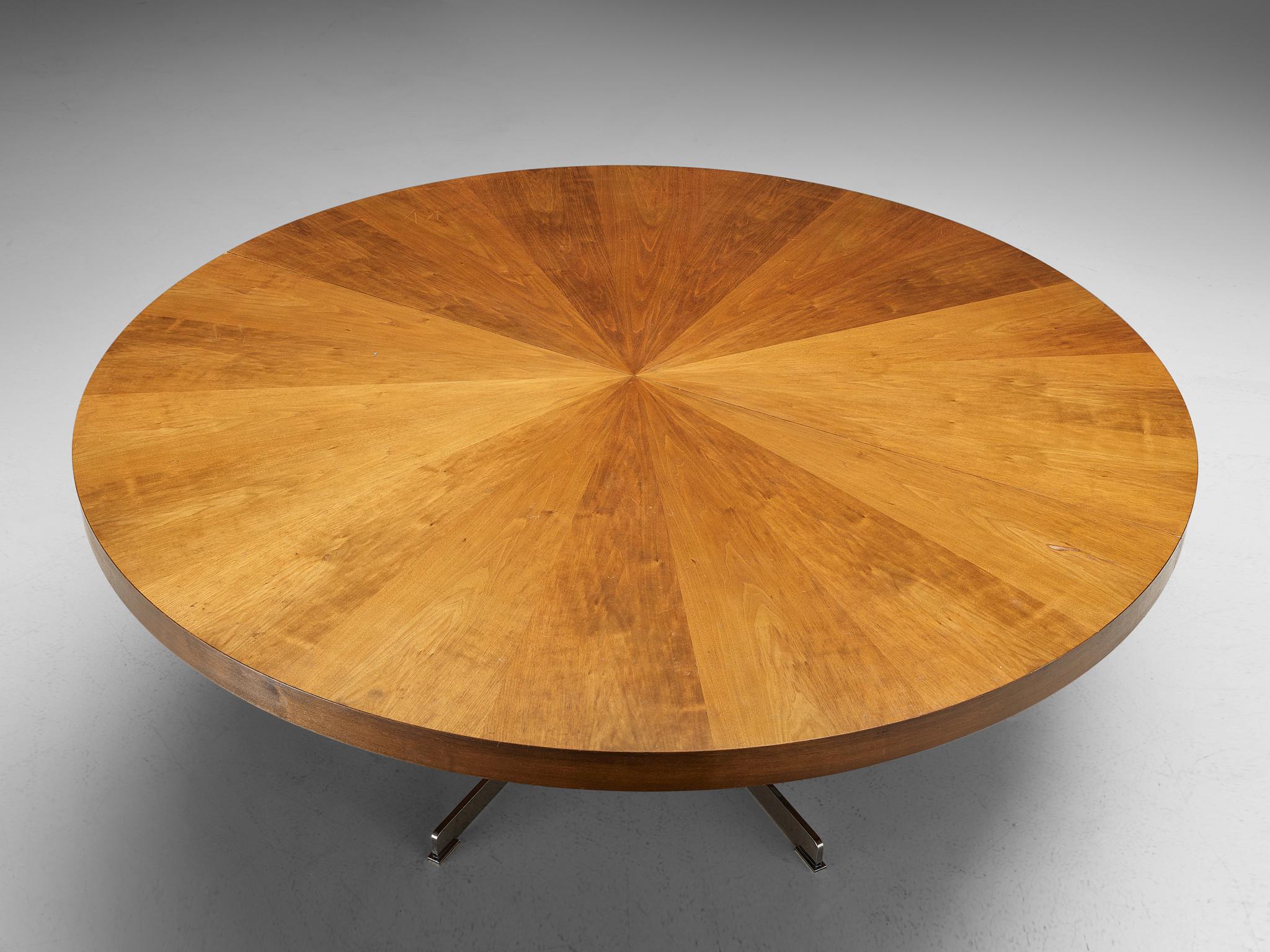 Mid-Century Modern Round Pedestal Dining or Conference Table in Walnut and Metal
