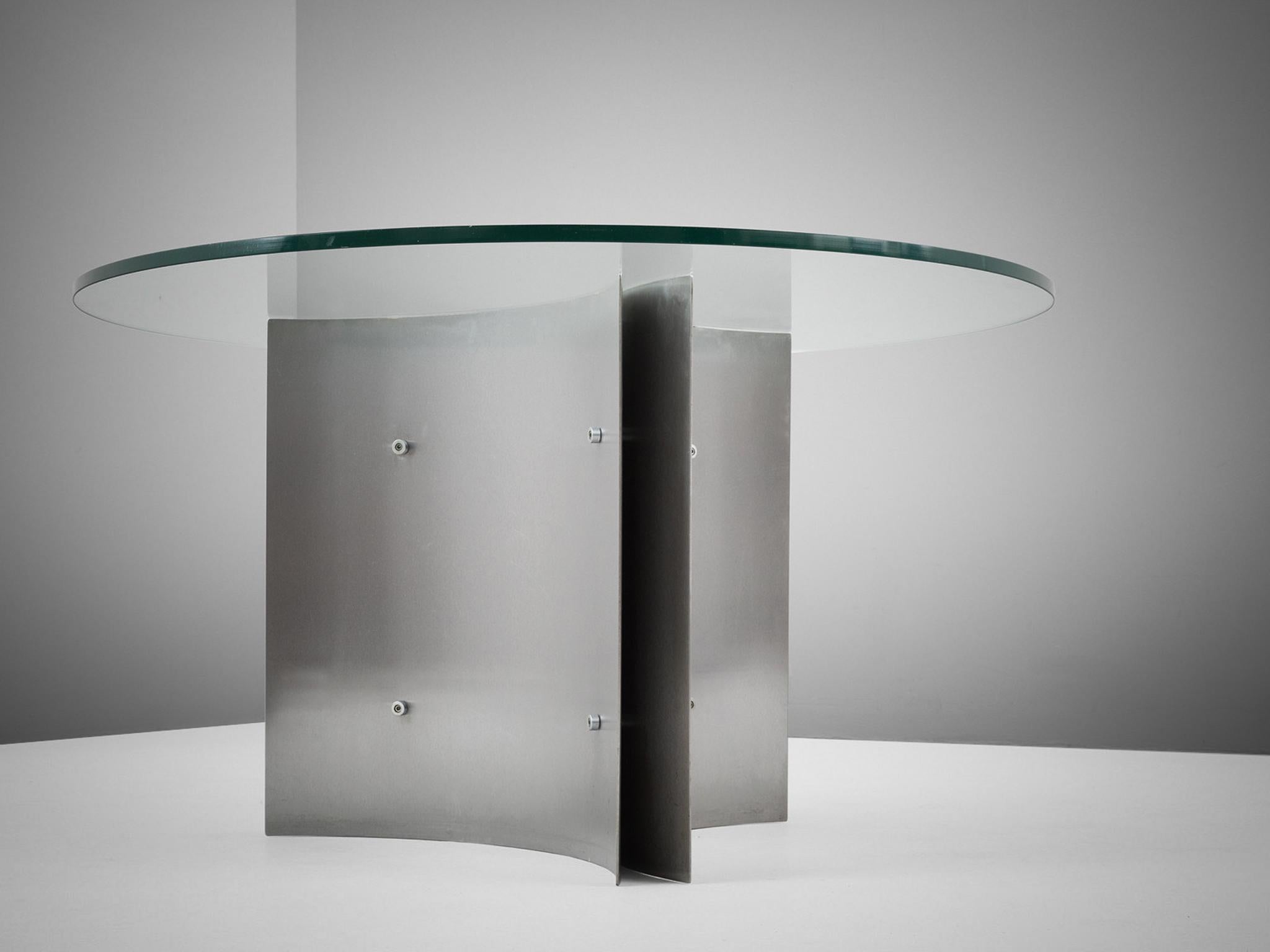Mid-Century Modern Round Pedestal Dining Table in Steel and Glass