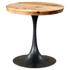 Round Pedestal Dining Table Pecan Wood Top Amicalola Base in Bronze