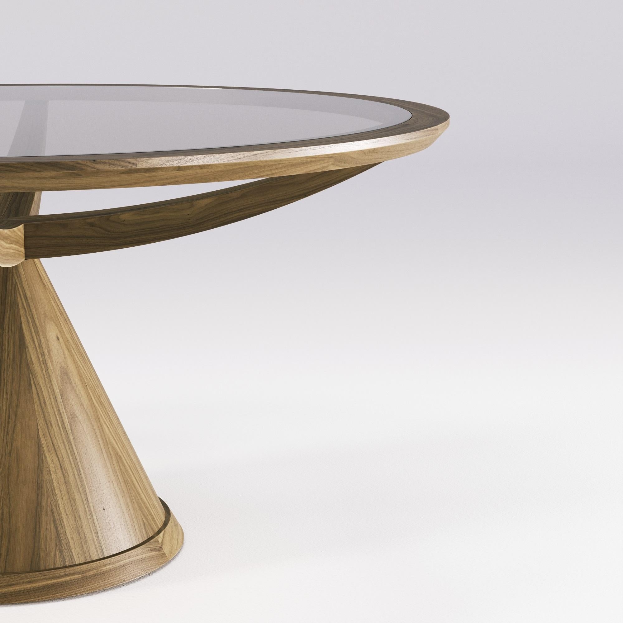Round Pedestal Dining Table With Bronze Glass Top And Custom Oak Finishes For Sale 3