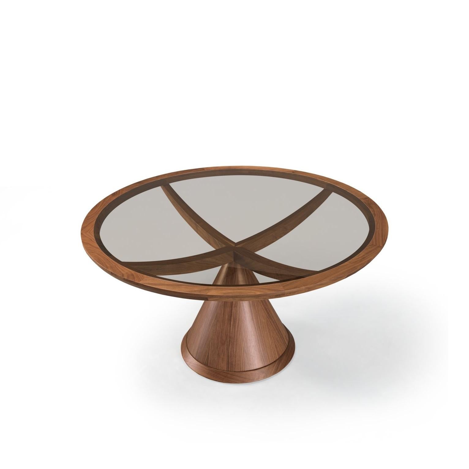 Portuguese Round Pedestal Dining Table With Bronze Glass Top And Custom Oak Finishes For Sale