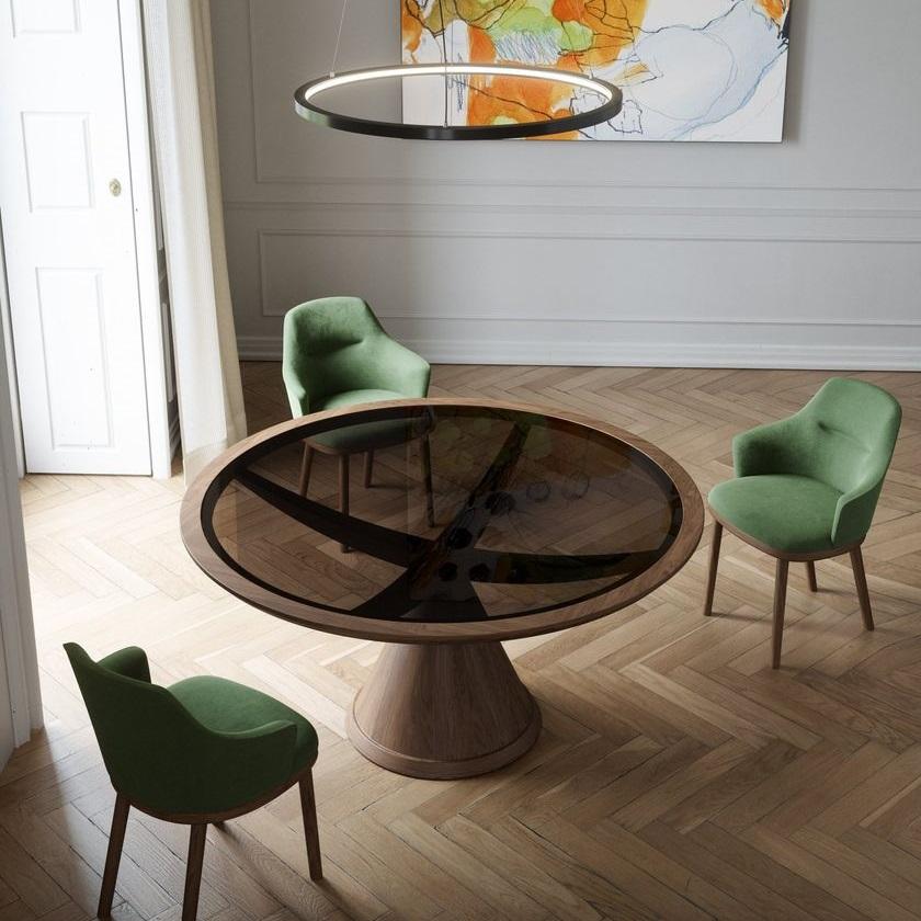Contemporary Round Pedestal Dining Table With Bronze Glass Top And Custom Oak Finishes For Sale