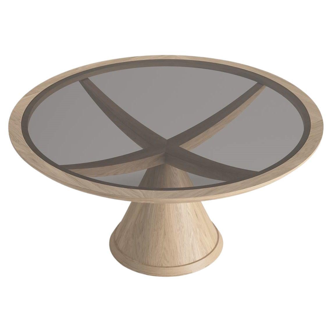 Round Pedestal Dining Table With Bronze Glass Top And Custom Oak Finishes For Sale