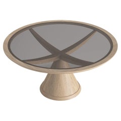 Round Pedestal Dining Table With Bronze Glass Top And Custom Oak Finishes