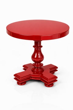 Round Pedestal Side Table in Chinese Cinnabar Red High-Gloss Lacquer