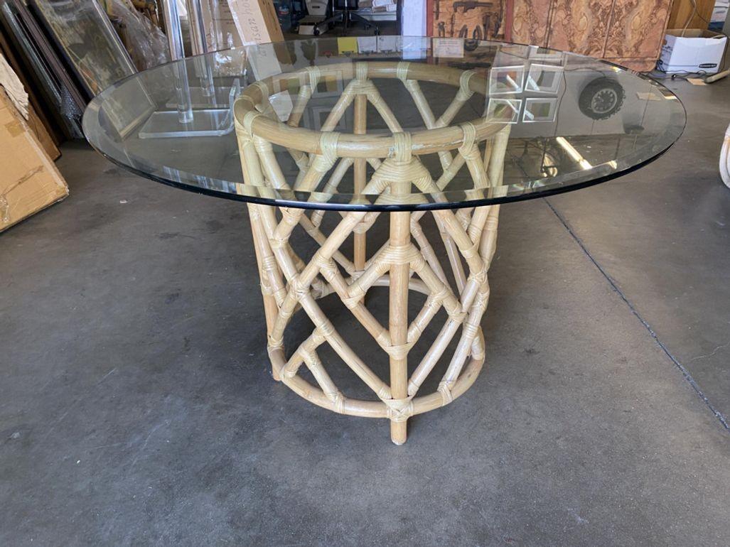 Round Pedestal Table and Geometric Bucket Armchair Rattan Dining Set In Excellent Condition For Sale In Van Nuys, CA