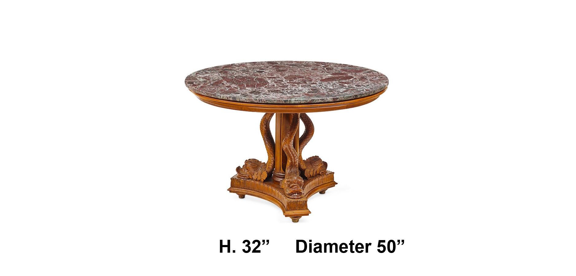 Elegant Italian Neoclassical style round carved walnut three dolphin Pedestal Table with marble top. Early 20th century.
A circular purple with white grains marble top is supported by a three intricately hand-carved mythical monopodiae dolphins,