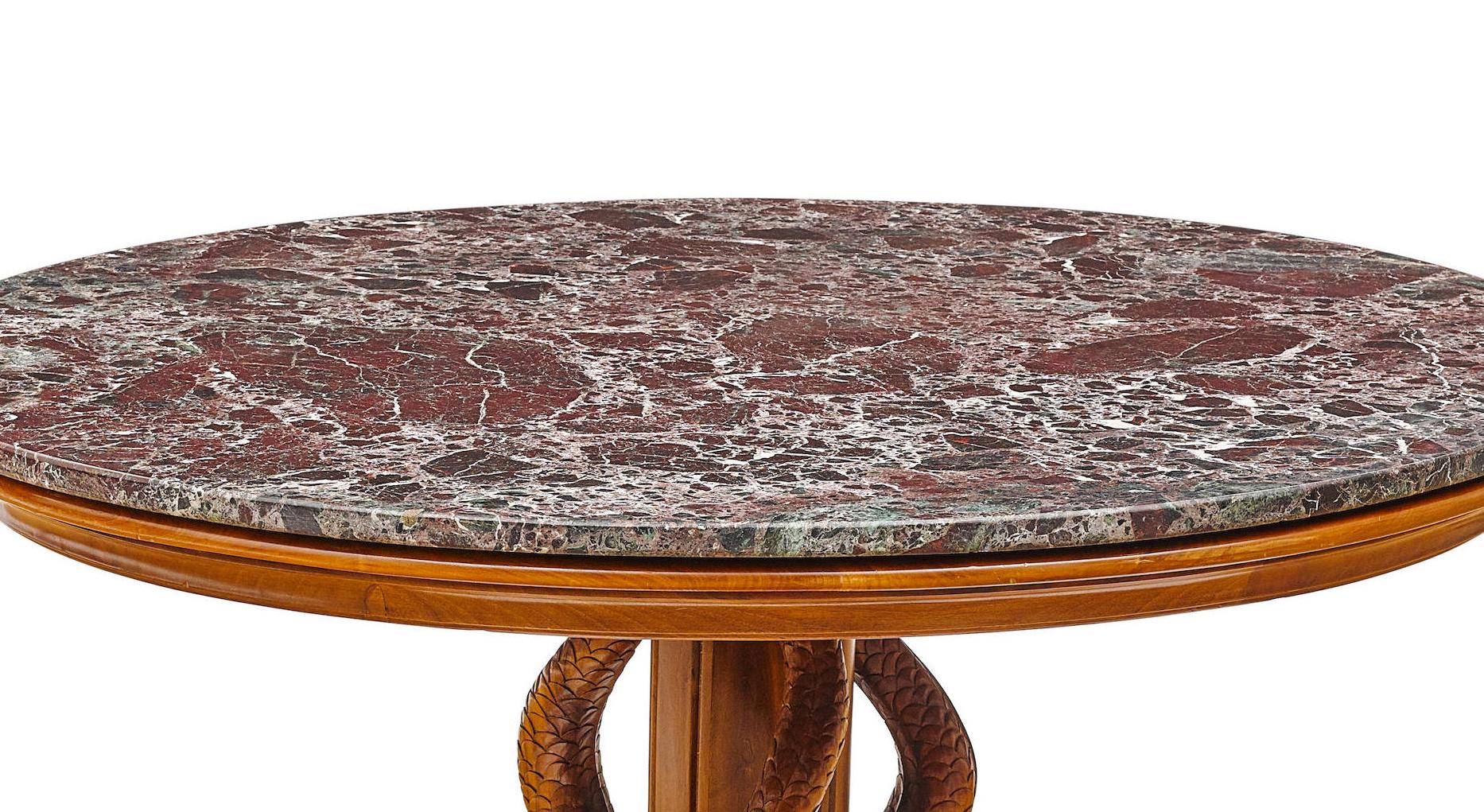 Hand-Carved Round Pedestal Table with Dolphins, Early 20th Century For Sale